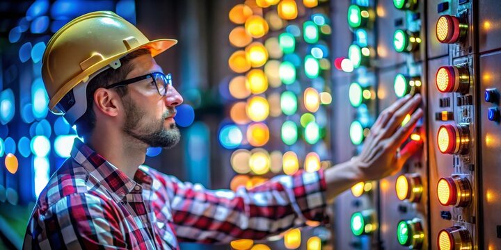 Night Shift Technician Control Panel, Bokeh Lights, Industrial Worker, Yellow Hard Hat, Red Plaid Shirt Industrial worker, Electrical engineer