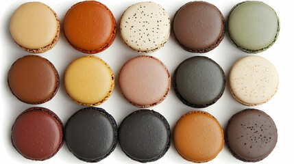 Fototapeta premium Fifteen assorted macarons in earthy tones arranged in a grid on a white background.