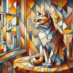 75 Cubist A cubist painting of a cat by the window created using