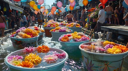 Fototapeta premium Street festival: water tubs filled with flowers and balloons, surrounded by summer festivities