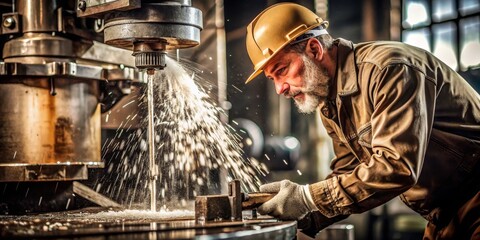 Focused Machinist Operating Industrial Drill Press, Metalworking, Close-up Shot, Industrial Safety, Manufacturing Metalworking, Manufacturing