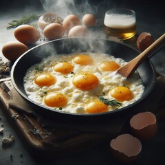  In a Pan Scrambled eggs still in a pan showing the process of c