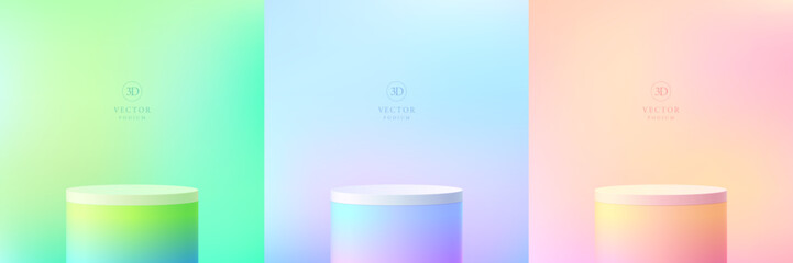 Set of 3D cylindrical podium background in gradient green, pink orange and blue scene. Minimalist mockup pedestal. Abstract product display presentation, Stage for showcase. Vector platforms design.