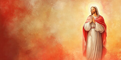 Naklejka premium Illustration of Jesus Christ in prayer, surrounded by radiant light, set against a red background, symbolizing faith and spirituality.
