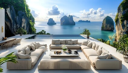 Fototapeta premium Luxury Villa with Infinity Pool and Breathtaking Ocean View of Tropical Islands