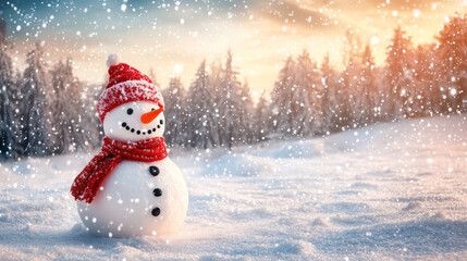 Fototapeta premium snowman in a picturesque winter landscape with festive details