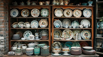 Street vendor's collection: assorted crockery sets and antique kitchenware