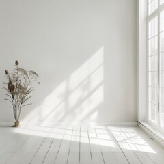 Fototapeta premium A serene minimalist room with white walls, wooden floor, and sunlight streaming through a large window onto a vase with dried flowers.