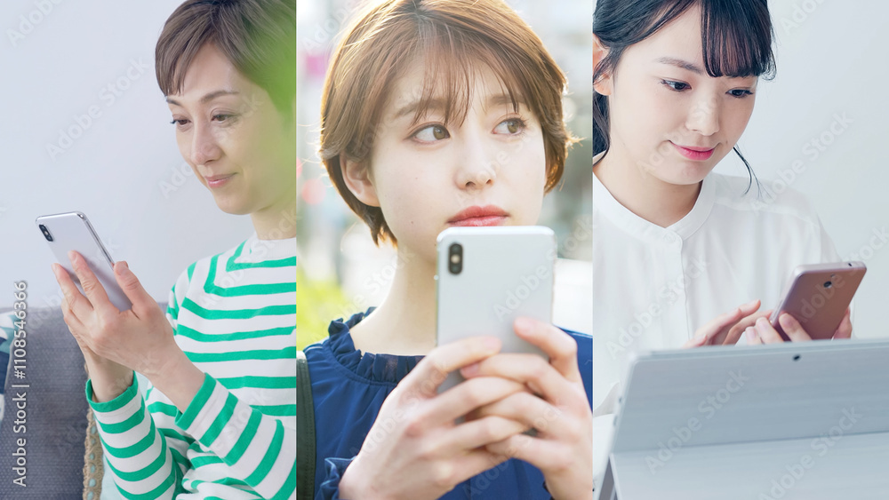 Aufkleber スマホ、スマートフォン、女性、携帯電話、アプリ、モバイル、動画、SNS、メール、コラージュ、タイトル、テンプレート、イメージ、広告、女子、ミドル、若者、Z世代、若い、20代、40代、50代、シニア、世代、IoT、ICT、テック、テクノロジー、ネットワーク、コミュニケーション、webサイト、インターネット、オンライン、通信、5G、予約、クーポン、キャリア、日本人、認証、連絡、コミュニティ、メッセージ