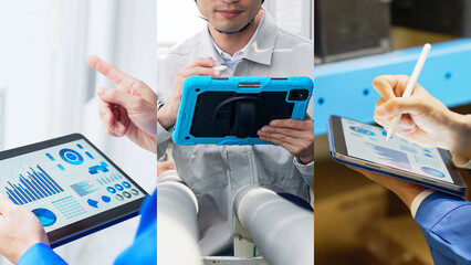 engineer, tablet, industry, worker, inspection, check, analysis, graph, chart, factory, warehouse,...
