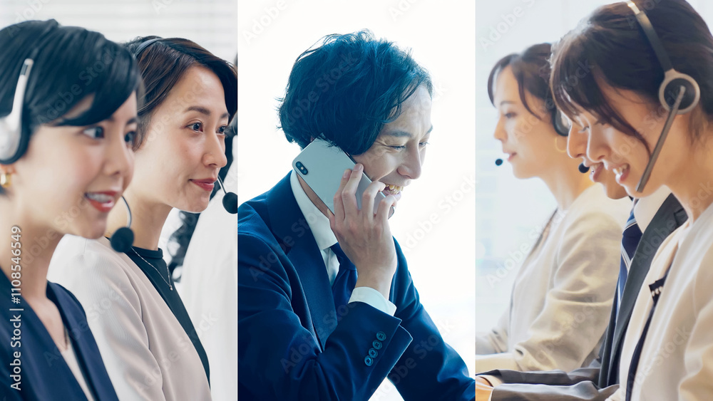 Aufkleber コールセンター、オペレーター、スマホ、ビジネス、ヘッドセット、話す、電話、応対、サポート、カスタマーサポート、コラージュ、テレアポ、テレフォンアポイントメント、テレマーケティング、問い合わせ、窓口、タイトル、テンプレート、イメージ、広告、スマートフォン、連絡、笑顔、女性、ビジネスマン、質問、保険、アルバイト、営業、相談、テレフォンアポインター、アウトバウンド、販売、通話、日本人、他人数、複数、グル