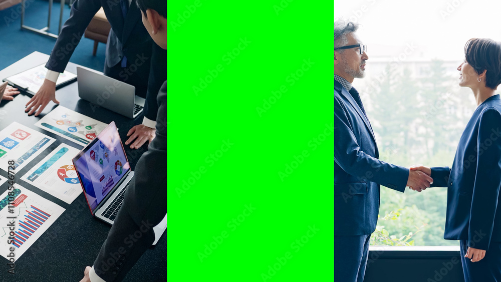 Poster ビジネス、握手、会議、ミーティング、打ち合わせ、協力、ビジネスマン、ビジネスシーン、経営、企業、パートナー、コピースペース、グリーンバック、コラージュ、タイトル、テンプレート、イメージ、広告、マネジメント、マーケティング、エグゼクティブ、顧客、クロマキー合成、日本人、経営者、起業、スタートアップ、サポート、サービス、人材、サクセス、成功、チャンス、女性、男性、ビジネスウーマン、キャリア、マーケター
