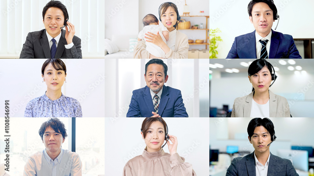 Aufkleber ビデオ会議、ビデオ通話、web会議、ビジネス、話す、ミーティング、会議、セミナー、チーム、ZOOM、会話、カンファレンス、ビデオ、テレビ、日本人、コラージュ、タイトル、テンプレート、イメージ、広告、多様性、笑顔、ビジネスマン、ビジネスウーマン、リモートワーク、テレワーク、画面、システム、男性、女性、グループ、多人数、ウェビナー、プレゼンテーション、チームワーク、交流、テレマーケティング、企業、外資