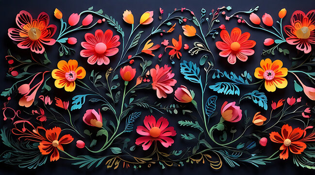 A detailed depiction of a traditional Polish wycinanki (paper-cut art), showcasing vibrant symmetrical floral patterns with glowing edges and intricate designs on a dark background.

