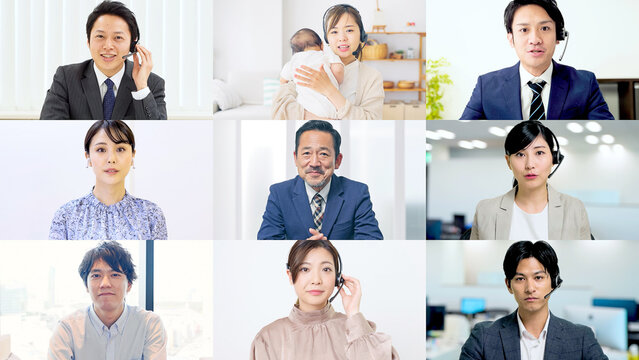 ビデオ会議、ビデオ通話、web会議、ビジネス、話す、ミーティング、会議、セミナー、チーム、ZOOM、会話、カンファレンス、ビデオ、テレビ、日本人、コラージュ、タイトル、テンプレート、イメージ、広告、多様性、笑顔、ビジネスマン、ビジネスウーマン、リモートワーク、テレワーク、画面、システム、男性、女性、グループ、多人数、ウェビナー、プレゼンテーション、チームワーク、交流、テレマーケティング、企業、外資