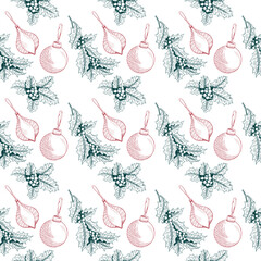 New Year's pattern in the style of a sketch with holly branches and Christmas balls. Vector illustration