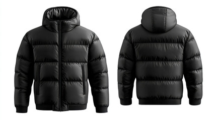 Black winter jacket isolated on white background.