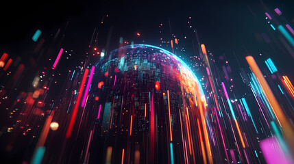 vibrant digital visualization of glowing globe surrounded by colorful data streams, representing analytics and technology. scene evokes sense of innovation and connectivity
