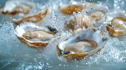 many oysters with wavy splashes of water is photographed as a water splash blows over the oyster, in the style of light beige and sky-blue,
