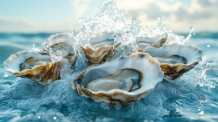 many oysters with wavy splashes of water is photographed as a water splash blows over the oyster, in the style of light beige and sky-blue,