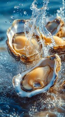 many oysters with wavy splashes of water is photographed as a water splash blows over the oyster, in the style of light beige and sky-blue,