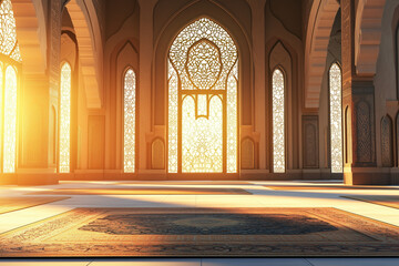 Fototapeta premium A luxurious Islamic interior design with intricate arabesque patterns on walls, arches, and carpets, with copy space.