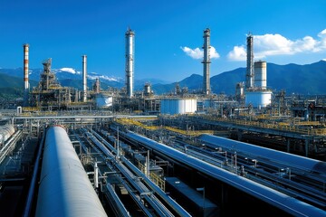 Obraz premium Vast industrial refinery complex with numerous towers and pipelines against a mountainous backdrop. Illustrates large-scale industrial production and energy resources.