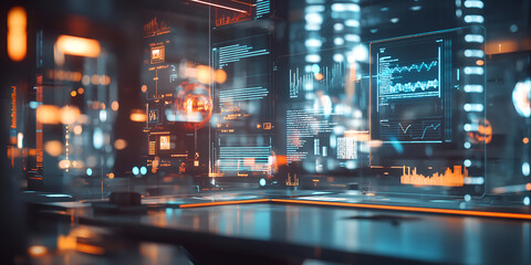 Fototapeta premium Modern Data Dashboard on Computer Screen with Bokeh Lights