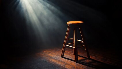 A Single Wooden Stool Illuminated by a Dramatic Spotlight on a Dark Wooden Floor, Awaiting an Unseen Performer or a Moment of Reflection