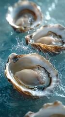 many oysters with wavy splashes of water is photographed as a water splash blows over the oyster, in the style of light beige and sky-blue,