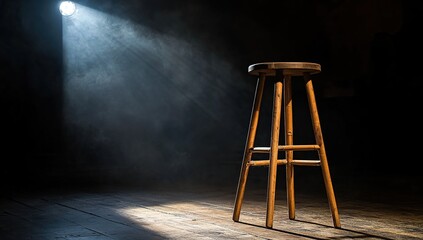 Single Wooden Stool Illuminated on Dark Stage; Dramatic Lighting and Mysterious Atmosphere