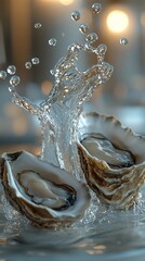 many oysters with wavy splashes of water is photographed as a water splash blows over the oyster, in the style of light beige and sky-blue,