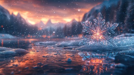 Obraz premium Intricate icy pattern of a snowflake illuminated under a stunning sunset sky over a serene frozen lake