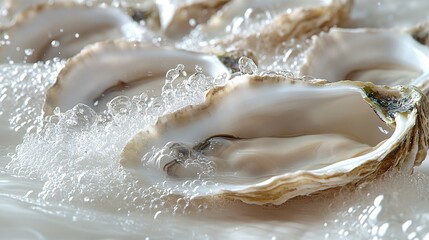 many oysters with wavy splashes of water is photographed as a water splash blows over the oyster, in the style of light beige and sky-blue,