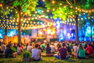 Obraz premium Party in the garden in the evening Street garlands Blurred silhouettes of people in simple everyda