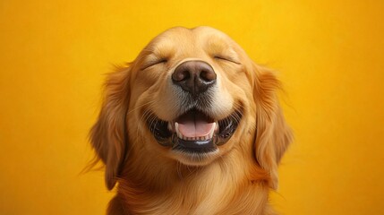 A joyful golden retriever, eyes closed in a warm, sunny ambiance against a vibrant yellow backdrop. Perfect for pet adoption campaigns, dog-related events, or cheerful marketing materials.