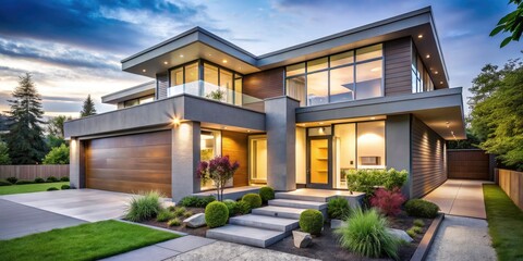 Fototapeta premium Contemporary Boxy Home with Light Grey Cladding and Sliding Glass Doors in Landscaped Yard