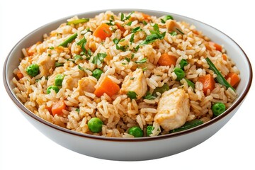 Delicious chicken fried rice with carrots and peas. Perfect for illustrating recipes, food blogs, or restaurant menus.