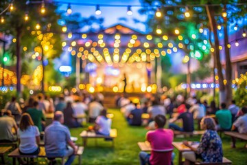 Fototapeta premium Party in the garden in the evening Street garlands Blurred silhouettes of people in simple everyda