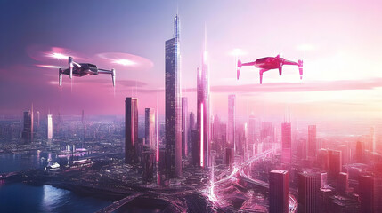 Naklejka premium Futuristic city skyline at sunset with two drones flying overhead.