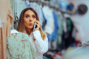 Funny Shopper Woman Talking on the Phone with a Friend. Lady chitchatting and multitasking speaking...