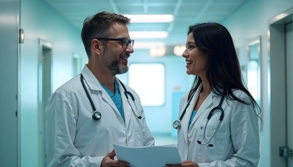 Fototapeta premium Two smiling doctors discussing medical records in hospital corridor