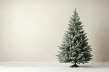 Fototapeta premium A beautifully decorated Christmas tree standing on a snowy surface against a neutral background, perfect for holiday-themed designs and promotions.