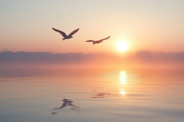Fototapeta premium Two seagulls fly over calm water at sunrise. Perfect for peace, freedom, or travel themes.
