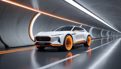 Fototapeta premium Futuristic Electric Car in Modern Tunnel Speed Technology