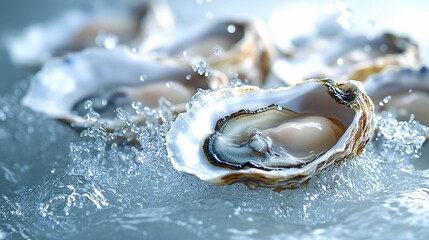 many oysters with wavy splashes of water is photographed as a water splash blows over the oyster, in the style of light beige and sky-blue,