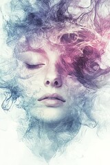 Fototapeta premium Surreal portrait of a woman's face enveloped in swirling pastel smoke, creating a dreamlike and artistic visual effect.