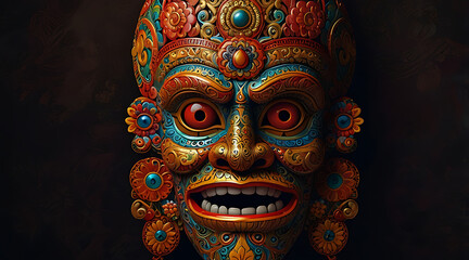Fototapeta premium A vibrant illustration of a traditional Balinese Barong mask, featuring bold patterns, radiant colors, and intricate detailing, glowing against a dark, textured background.