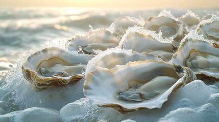 many oysters with wavy splashes of water is photographed as a water splash blows over the oyster, in the style of light beige and sky-blue,