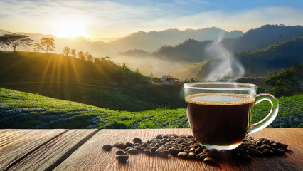 Cup of hot black coffee with roasted coffee beans and mountain farming background. Concept for EU Deforestation or EUDR, regulation environmental policy and drinking coffee in European Union.